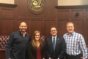 (from left to right) Mark Poulos, executive director with the Indiana, Illinois, & Iowa Foundation for Fair Contracting; Mary Craighead Tyler, transportation analyst with the Illinois Economic Policy Institute; Nick Palmer, Chief of Staff for Will County Executive Larry Walsh and Scott Slocum, from RUSH and WJOL Radio, participated in Thursday’s meeting. (Photo courtesy of the Will County Executive Office).