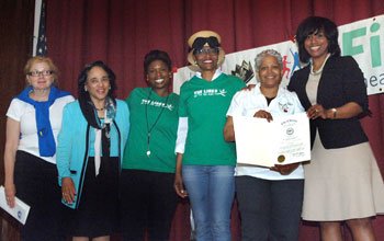 Boston City Councilor Ayanna Pressley (far right) presented a City Council resolution co-sponsored by Councilor Tito Jackson recognizing the Fit for the King Urban Field Day at Dorchester’s Martin Luther King K-8 School. She was joined by (L to R): Joann Flaminio, Boston Athletic Association; Carol Johnson, superintendent of Boston Public Schools; Stephanie Anderson Garrett and Pam Everhart of The Links, Inc. and Jessica Bolt of the King K-8 School.