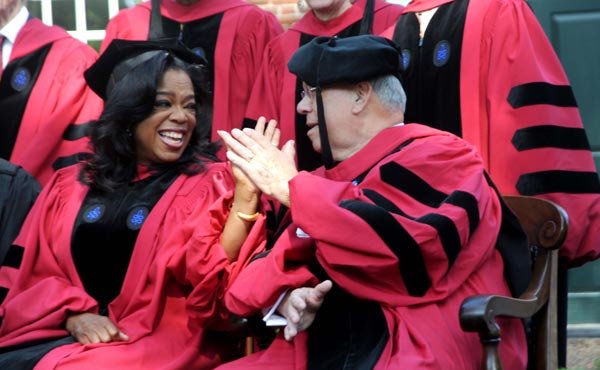 Mayor Thomas Menino welcomed Oprah Winfrey at Harvard University’s 362nd Commencement on May 30. Winfrey was the principal speaker at the afternoon exercises. Delivering her usual dose of inspiration, the TV host and media mogul told students, “There’s no such thing as failure. Failure is just life trying to move us in another direction.”
