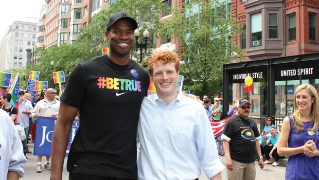 Celebrating Gay Pride in the Back Bay are NBA star Jason Collins and his former college roommate, U.S. Rep Joe Kennedy III on Saturday, June 8.