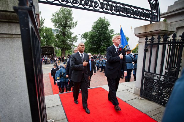Thursday, June 13, 2013 - Governor Patrick and former Governor William Weld attend the memorial service for Governor Argeo Paul Cellucci at the State House.