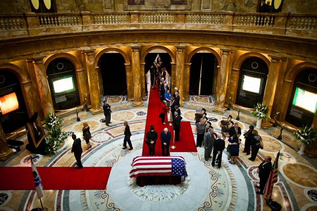 Thursday, June 13, 2013 - Mourners pay their respects to Governor Argeo Paul Cellucci as his body lies in state in Memorial Hall at the State House.