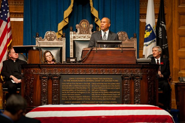 Thursday, June 13, 2013 - Governor Patrick speaks at the memorial service for Governor Argeo Paul Cellucci at the State House.