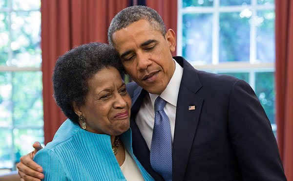 President Barack Obama embraces Myrlie Evers-Williams during her visit in the Oval Office, June 4, 2013. The President met with the Evers family to commemorate the approaching 50th anniversary of Medgar Evers’ death.