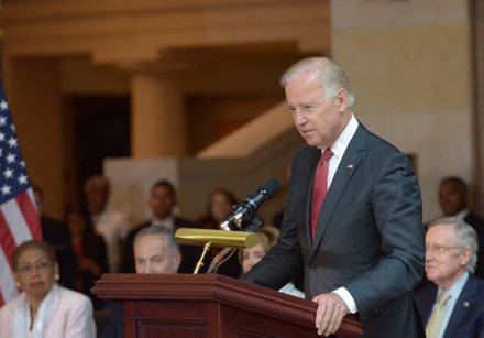 Vice President Joseph R. Biden (D) speaks during the Frederick Douglass statue unveiling at the U.S. Capitol on June 19.