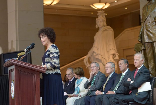 Nettie Washington Douglass, great-great-granddaughter of Frederick Douglass, speaks during the statue unveiling at the U.S. Capitol on Wed., June 19.