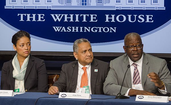 Pictured here from left to right: Tiffany Cooper-Gueye, CEO of Building Education Leaders for Life; Jorge Perez, vice president for youth development at YMCA of USA; Kevin Washington, president and CEO of the YMCA of Greater Boston.