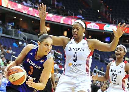 Phoenix Mercury’s Diana Taurasi drives to the basket past Washington Mystics players Kai Vaughn and Ivory Latta on Thursday, June ... Phoenix Mercury’s Diana Taurasi drives to the basket past Washington Mystics players Kai Vaughn and Ivory Latta on Thursday, June ...