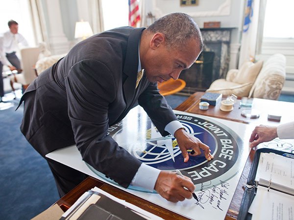 Friday, July 19, 2013 - Governor Patrick signs Executive Order No. 547, in the Governor's Office, renaming the Massachusetts Military Reservation, 'Joint Base Cape Cod.'