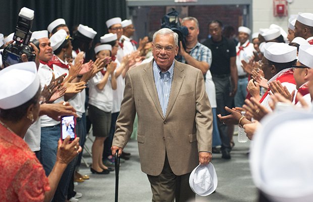 Mayor Thomas Menino enters the 2nd annual “Summer Swing” hosted by Central Boston Elder Services. More than 500 Boston seniors attended the event at the BCYF Shelburne Community Center in Roxbury. Mayor Menino thanked the crowd for their contributions and support, and highlighted the wide array of city resources available to seniors.