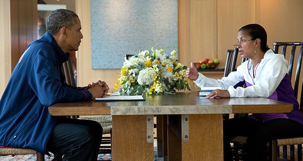 National Security Advisor Susan E. Rice briefs President Barack Obama during his Presidential Daily Briefing in Chilmark, Mass., on August 12.