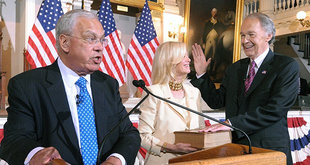 Mayor Thomas M. Menino administers the ceremonial swearing in for U.S. Senator Edward Markey at Faneuil Hall last week.