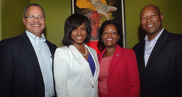 (L-R) Northeastern University’s Robert Gittens, Boston City Councilor Ayanna Pressley, State Senator Linda Dorcena-Ferry and Boston businessman Darryl Settles at Pressley’s campaign kickoff at Tavaro’s Restaurant in Dorchester. Among the many supporters in the crowed were mayoral candidate Charlotte Golar Richie, State Rep. Russell Holmes and State Rep. Carlos Henriquez.