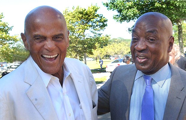 Legendary entertainer and social justice activist, Harry Belafonte (L) shares a laugh with Harvard Law Professor Charles Ogetree Jr. (R) after speaking at a health forum sponsored by Ogletree’s Charles Hamilton Houston Institute on Martha’s Vineyard. Belafonte was given a special musical tribute by Larry Watson during the event.