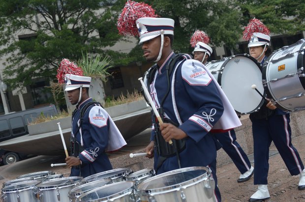 Students from Howard University marching band perform during the Drum Majors For Justice Future Leaders Celebration at Freedom Plaza in Northwest on Fri., August 23.