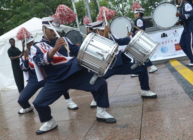 Students from Howard University marching band perform during the Drum Majors For Justice Future Leaders Celebration at Freedom Plaza in Northwest on Fri., August 23.