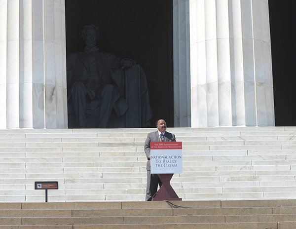 Martin Luther King III delivers remarks on the steps of the Lincoln Memorial during the March on Washington 50th Anniversary on Sat., August 24.