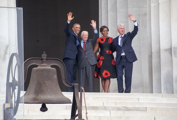 President Obama and First Lady Michelle, Former Presidents Jimmy Carter and Bill Clinton wave to the crowd from the steps of the Lincoln Memorial during the "Let Freedom Ring" commemoration and call to action program on Wednesday, August 28.