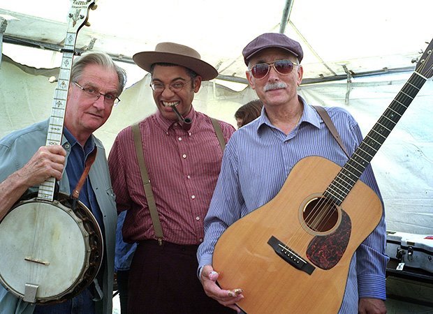 (L-R) Geoff Muldaur of the Jim Kweskin Jug Band, Dom Flemons of the Carolina Chocolate Drops and Jim Kweskin of the Jim Kweskin Jug Band before a performance at the Rhythm and Roots Music Festival held in Charlestown, R.I., over the Labor Day weekend.