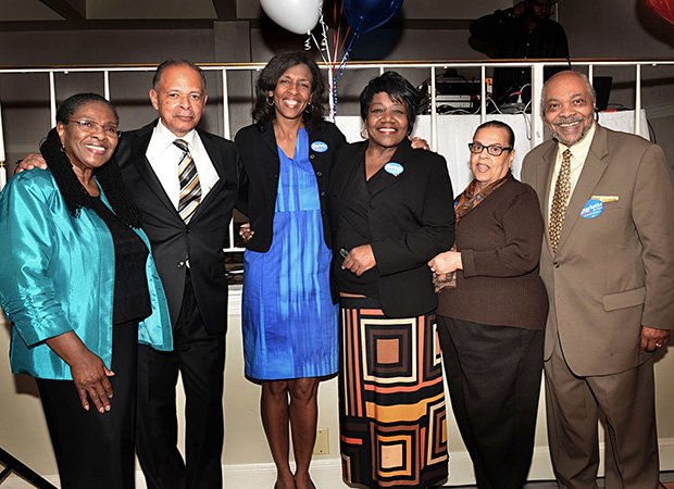 (L-R) Shirley Owens-Hicks, Royal Bolling Jr., Charlotte Golar Richie, State Rep. Gloria Fox, former Boston Housing Chief Doris Bunte and Bill Owens at Golar Richie’s fund-raiser for her mayoral campaign at the Old Colony Restaurant in Dorchester. Golar Richie received endorsements from the iconic Boston political families the Owens and the Bollings.