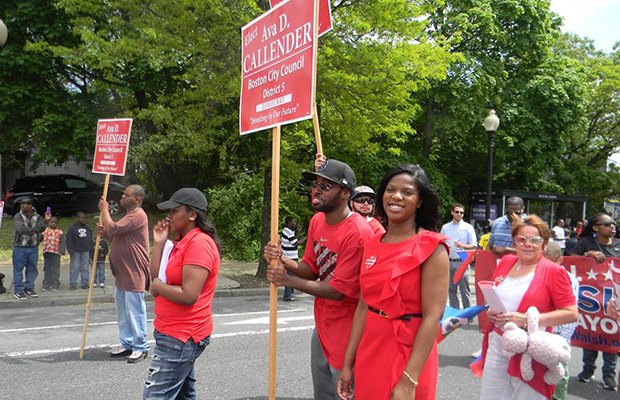 District 5 candidate Ava Callendar pauses for a moment during the recent Haitian-American parade in Mattapan. Callendar’s grandmother is the former State Rep. Willie Mae Allen and her cousin is U.S. House Majority Whip Rep. James Clyburn (D-S.C.)