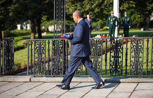 On Sept. 11, Governor Deval Patrick honored the victims of Sept. 11, 2001, by participating in a flag-lowering ceremony and reading the names of Massachusetts victims on the State House steps.