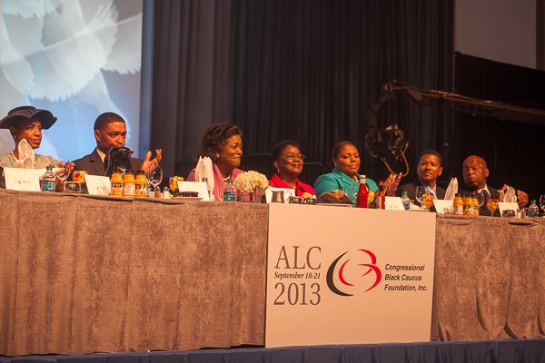 (L-R) Rep. Donna F. Edwards, Rep. Cedric Richmond, Ms. Ingrid Saunders Jones, Dr. Barbara Williams-Skinner, Rev. Zina Pierre, Imam Talib Shareef, Rep. John Lewis at the ALC 2013 Prayer Breakfast held at the Walter E. Washington Convention Center on Saturday, Sept. 21.