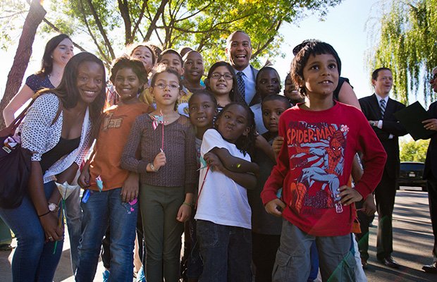 Gov. Deval Patrick discusses the importance of investing in urban parks at the grand opening of Sylvester Baxter Park at Assembly Row in Somerville on Sept. 18.