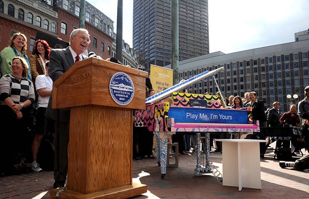 Mayor Thomas M. Menino kicks off the “Play Me I’m Yours” street piano project on Boston City Hall Plaza on Sept. 27.