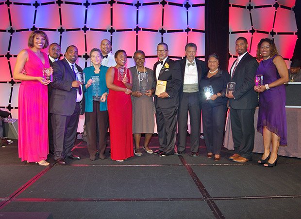 On Sept. 28, the Boston Branch of the NAACP presented awards to local and national community leaders during their Annual Freedom Fund Dinner. Left to right: Latoyia Edwards, Dr. John Jackson, Marvin Bing, Sarah Wunsch, Sean Daughtry, Ebony Reed, Sarah Flint, Dr. Roger Harris, Robert Hayden, Barbara Fields, Eric Esteves, and Bernadette Reid.