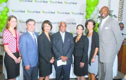 L to R: Rebecca Jackson; Dr. Jamie Torres; Patricia Wang CEO of Healthfirst; Rep. Charles Rangel; Lorraine Gonzalez-Camastra; Elisabeth Benjamin; and Vin Baker, former NBA player and youth minister at Abyssinian Baptist Church