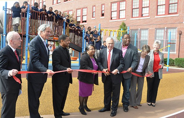 Earlier this month, Mayor Thomas Menino helped the Higgison Lewis School in Roxbury celebrate its new playground with a ribbon cutting.