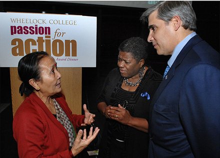 (l-r) Anuradha Koirala Founder and executive director of Maiti Nepal makes a point in conversation with Jackie Jenkins-Scott president of Wheelock College and Gerald Chertavian founder and CEO of Year Up at the conclusion of Wheelock’s 4th Annual Passion for Action Leadership Award Dinner held at the JFK Presidential Library and Museum in Boston. Koirala and Chertavian received the 2013 Passion for Action Leadership Award for their work in stopping sex trafficking and for closing the opportunity divide for thousands of young adults across the United States.