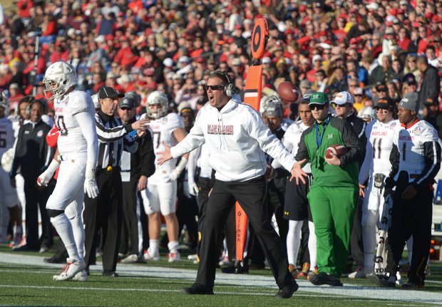 Maryland Terrapins head coach Randy Edsall reacts to an official's call during the first half of the 2013 Military Bowl on Friday, Dec. 27 at Jack Stephens Field at Navy-Marine Corps Memorial Stadium in Annapolis. The Marshall Thundering Herd defeated the Terrapins, 31-20.