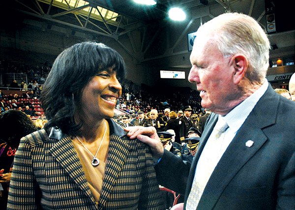 Former mayoral candidate Charlotte Golar Richie chats with former Boston Mayor Ray Flynn before the inauguration ceremony for new Boston Mayor Marty Walsh at Boston College’s Conte Forum.