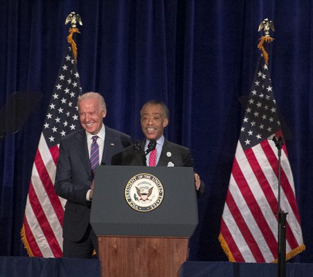 Reverend Al Sharpton introduces U.S. Vice President Joe Biden as the keynote speaker during the National Action Network King Day Breakfast at the Mayflower Hotel in Northwest on Monday, Ja. 20.