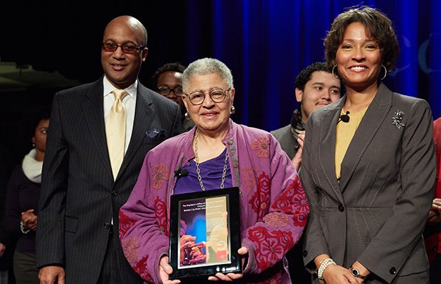 Berklee City Music honored Sarah-Ann Shaw with its Unsung Heroes Award at Berklee College of Music on Saturday. The award is given annually around Martin Luther King Jr. Day and recognizes an individual for their accomplishments and contributions to the community. Shaw was the first African-American female TV reporter in Boston, working at WBZ-TV 4 for 31 years, retiring in 2000. Shaw (center) is flanked by Berklee City Music Executive Director J. Curtis Warner (l) and Berklee City Music Dean Krystal Banfield (r).