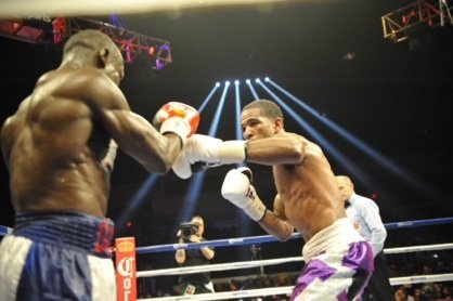 Lamont Peterson (purple trunks) won a unanimous decision over Dierry Jean to retain his IBF junior welterweight title at the D.C. Armory on Jan. 25.