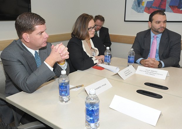 Mayor Marty Walsh and Health and Human Services Chief Felix G. Arroyo (r) at a Violence Intervention and Advocacy Round Table held at Boston Medical Center.
