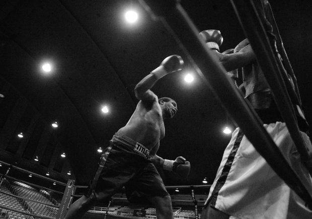 Willis "The Prophet" Lockett readies a punch against Julius Fogle during a six-round bout at the D.C. Armory on Friday, Feb. 7. Lockett won by unanimous decision.