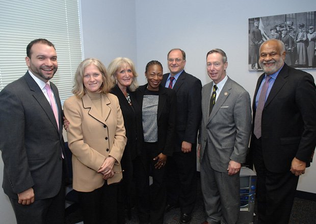 The Dimock Center hosted its first “Breakfast of Champions” on Feb. 7 to discuss the pressing civic issue of substance abuse. The breakfast also launched the three year campaign to rebuild Dimock’s Sewall building, which houses one of Boston’s most prominent inpatient substance abuse detoxification programs. (l-r) Felix G. Arroyo, chief of Health & Human Services, City of Boston; Dr. Madeleine Biondolillo, associate commissioner, Mass. Dept. of Public Health; Susan Wornick, WCVB-TV anchor/reporter; Dr. Myechia Minter-Jordan, president and CEO, The Dimock Center; U.S. Congressman Michael E. Capuano; U.S. Congressman Stephen Lynch; and Fletcher “Flash” Wiley, chair, The Dimock Center’s Board of Directors.
