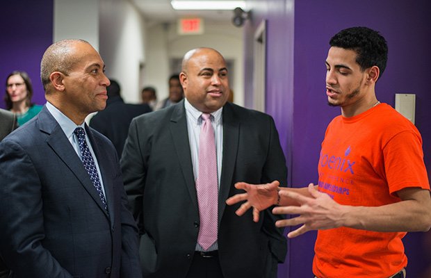 Gov. Deval Patrick joins Lawrence Mayor Daniel Rivera to tour Everett Mills, a growing business center for innovation and manufacturing in Lawrence.