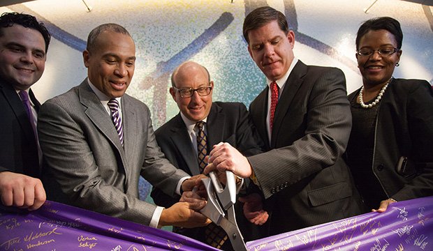 Gov. Deval Patrick celebrates the Commonwealth’s globally recognized Life Sciences supercluster at the ribbon cutting ceremony for Vertex Pharmaceuticals’ global headquarters. (l-r) State Rep. Nick Collins, Patrick, Vertex CEO Jeff Leiden, Mayor Marty Walsh and state Sen. Linda Dorcena Forry.