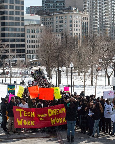 Dudley Street Neighborhood Initiative joined more than 1,000 youth yesterday at a downtown Boston rally for summer jobs funding.