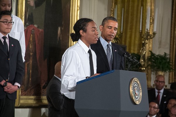 Christian Champagne, 18, a senior at Hyde Park Career Academy in Chicago, introduces President Obama during the launch of Obama's "My Brother's Keeper" initiative in the East Room of the White House on Thursday, Feb. 27.