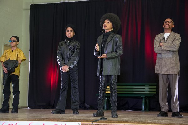 Portrayals of (L-R) Stokely Carmichael (David Patterson), Huey P. Newton (Elijah Ragland), Angela Davis (Ameera Malik), and Ron Maulana Karenga (Marjé Lyons)