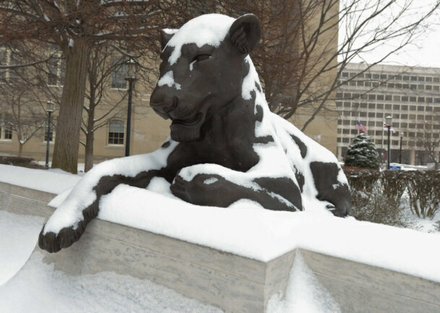 The lioness statue at the Law Enforcement Memorial in Northwest is seen here on Monday, March 3, after the region was hit by a heavy snowstorm.
