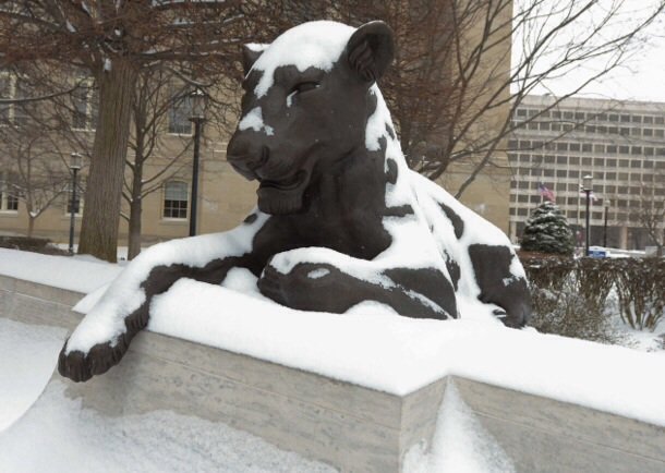 The lioness statue at the Law Enforcement Memorial in Northwest is seen here on Monday, March 3, after the region was hit by a heavy snowstorm.