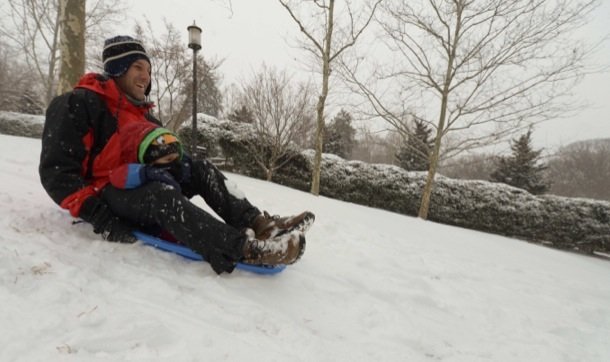Dave Grimaldi and his son, William, 2, enjoy a sleigh ride at Meridian Hill Park in Northwest on Monday, March 3, after a massive snowstorm hit the region.