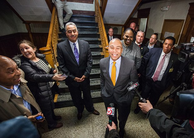 Governor Patrick visits the Essex County Sheriff’s Office’s Lawrence Correctional Alternative Center to discuss initiatives to help Massachusetts reduce recidivism by 50 percent over the next five years. With Patrick are Essex County Sheriff Frank Cousins (to his left), Public Safety Secretary Andrea Cabral and state Rep. Marcos Devers (to his right).